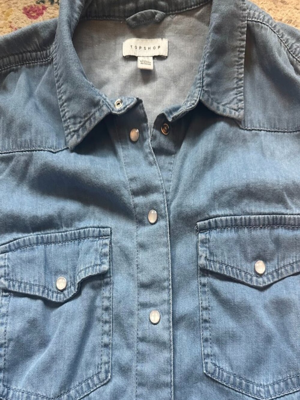 TopShop Moto Country Western Denim Chambray 100% Cotton Pearl Snap Shirt - 6